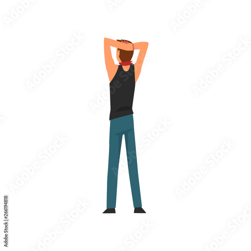 Man Listening to Music Throwing Hands Behind the Head at Open Air Concert, Rock Fest, Outdoor Summer Music Festival, View From the Back Vector Illustration