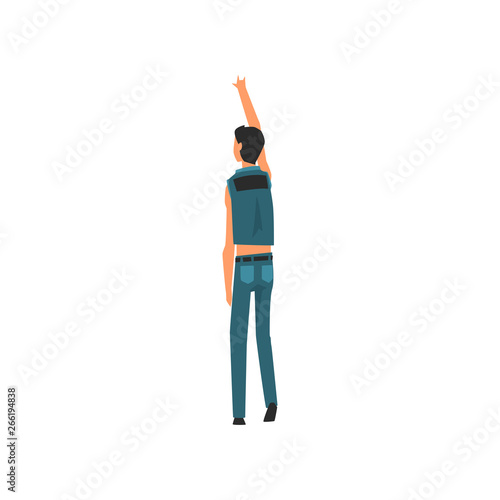 Male Clubber Standing with Raising Hand at Open Air Concert, Rock Fest, Outdoor Summer Music Festival, View From the Back Vector Illustration