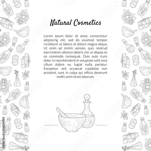 Natural Cosmetics Banner Template with Place for Text and Eco Organic Beauty Care Products Hand Drawn Pattern, Design Element Can Be Used for Packaging, Brochure Vector Illustration