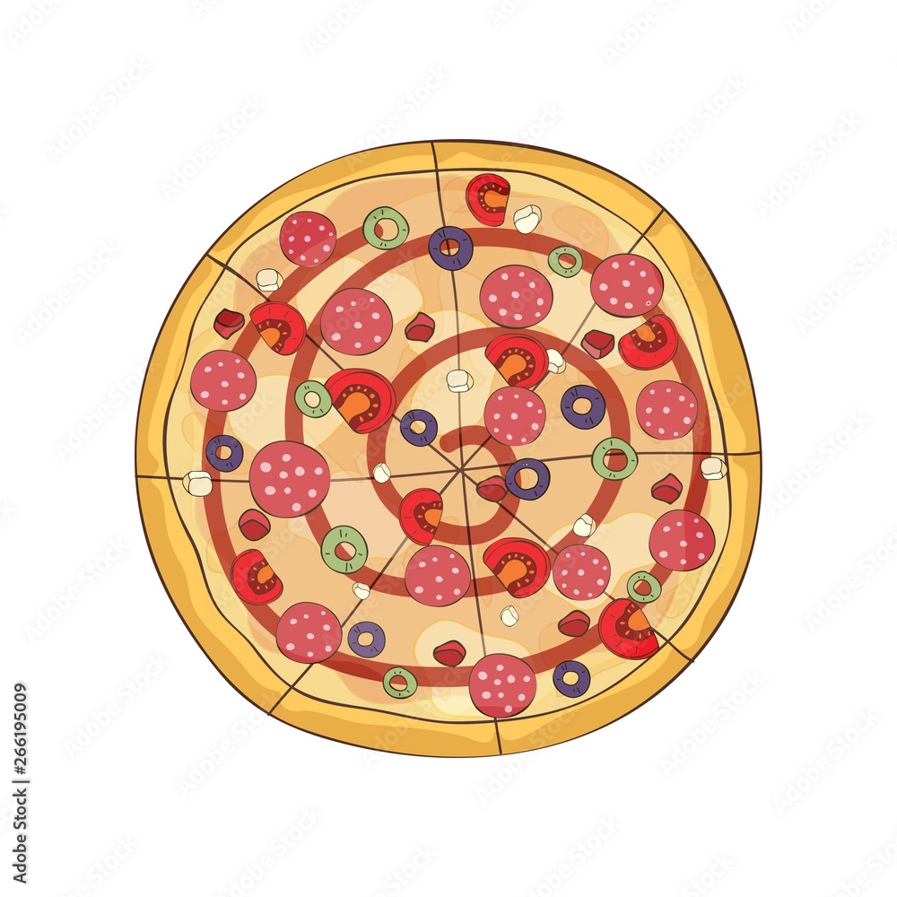 Hot ready pizza with salami and ketchup. Vector illustration.