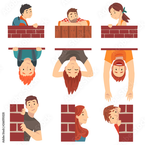 People Hiding Behind Brick Wall and Peeping Set Cartoon Vector Illustration