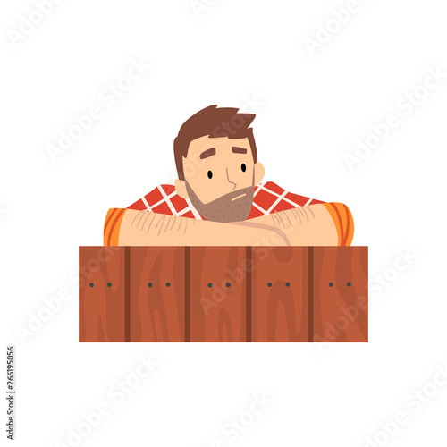 Man Looking Out from Behind Wall Cartoon Vector Illustration