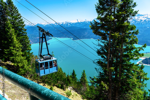 View on the Lake Walchensee from the top of Herzogstand, people can reach it with Herzogstand Cable Car, Bavaria, Germany photo