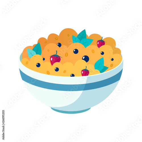 Bowl of oatmeal with strawberries and blueberries. Vector flat illustration of healthy breakfast.