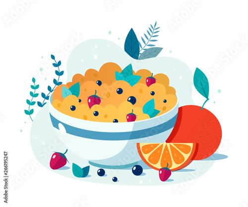 Bowl of oatmeal with strawberries and blueberries. Vector flat illustration of healthy breakfast.