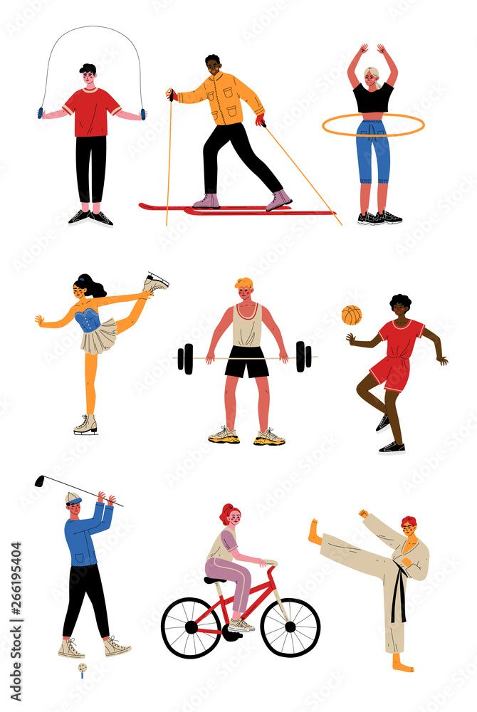 Collection of People Doing Different Kinds of Sports, Female and Male Professional Athletes Characters in Sportswear, Active Healthy Lifestyle Vector Illustration