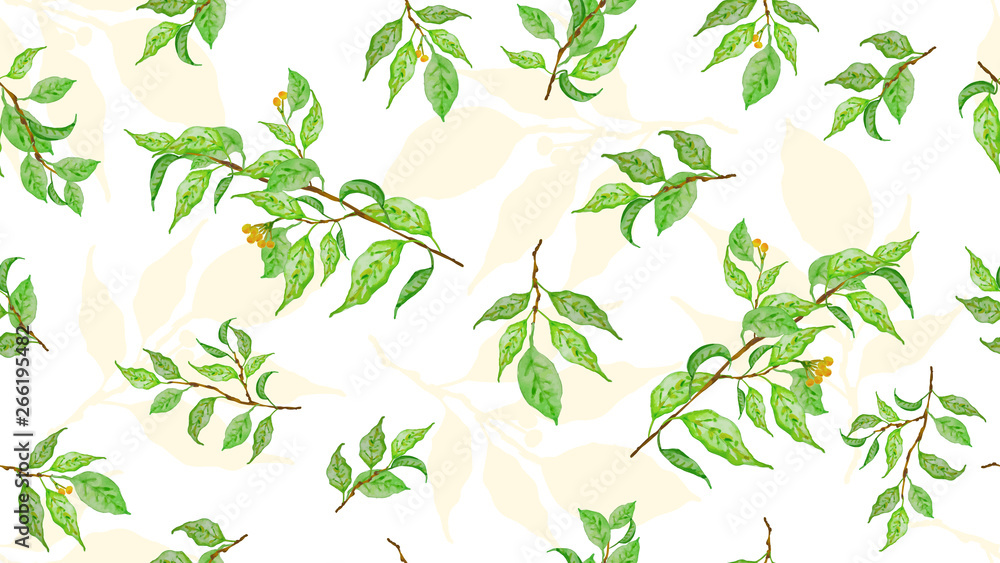 Botanical background, laurel, ficus, tea. Green spring leaves. Watercolor seamless pattern. Design element for cover, invitation, booklet, printing.