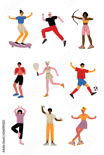 Collection of Young People Doing Different Kinds of Sports, Professional Athletes Characters in Sportswear with Sports Equipment, Active Healthy Lifestyle Vector Illustration