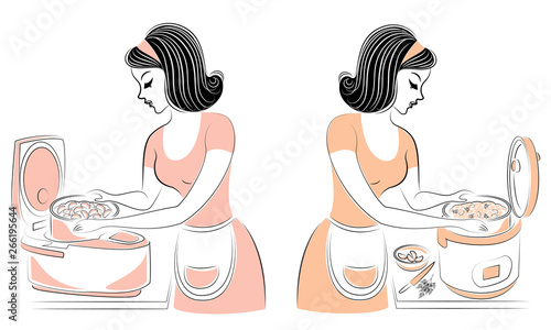 Collection. Profile of a beautiful woman. The girl is preparing food for the multi-cooker. A woman is a good housewife and a cook. Vector illustration set