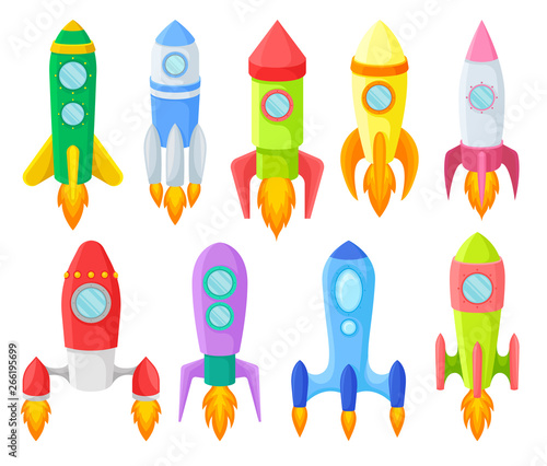 Icon set of multicolored children s rockets. Vector illustration.