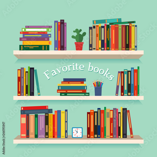 Three bookshelves with favorite books, watches, flowers and pencils. concept of library. vector illustration isolated
