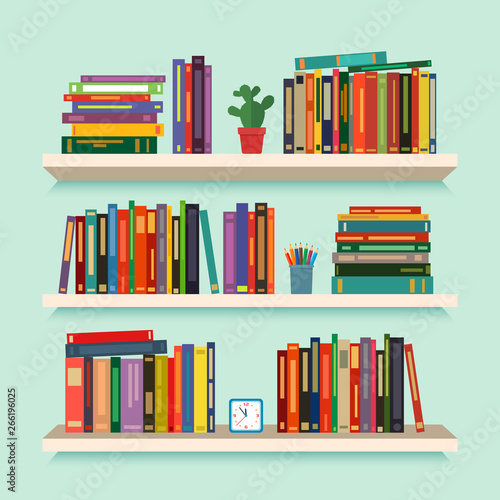 Three bookshelves with favorite books, watches, flowers and pencils. concept of library. vector illustration isolated