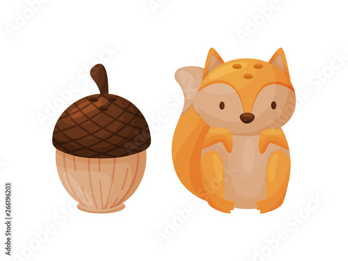 Stylish salt and pepper shaker in the form of a acorn and squirrel. Vector illustration.
