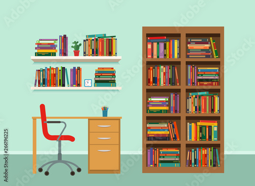 interior cabinet with a bookcase and shelves, furniture. flat vector