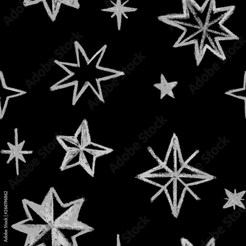 Festive background with Christmas stars drawn of chalk. Holiday seamless pattern. Ornament for gift wrapping paper  fabric  clothes  textile  surface textures  scrapbook.