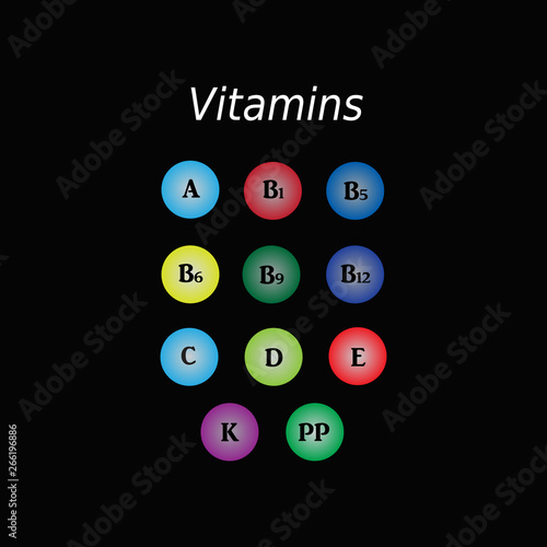 Icons of vitamins - A, B1, B5, B6, B9, B12, C, K, D, E, PP. Vector illustration on a black background