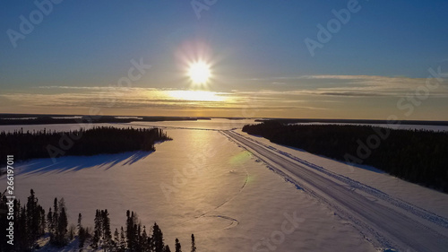 Winter road on a frozen lake, in Northern Manitoba. 