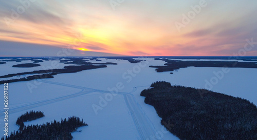 Winter road on a frozen lake, in Northern Manitoba. 