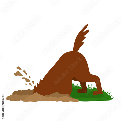 A funny dog digs a big pit in the sand. flat vector illustration isolated