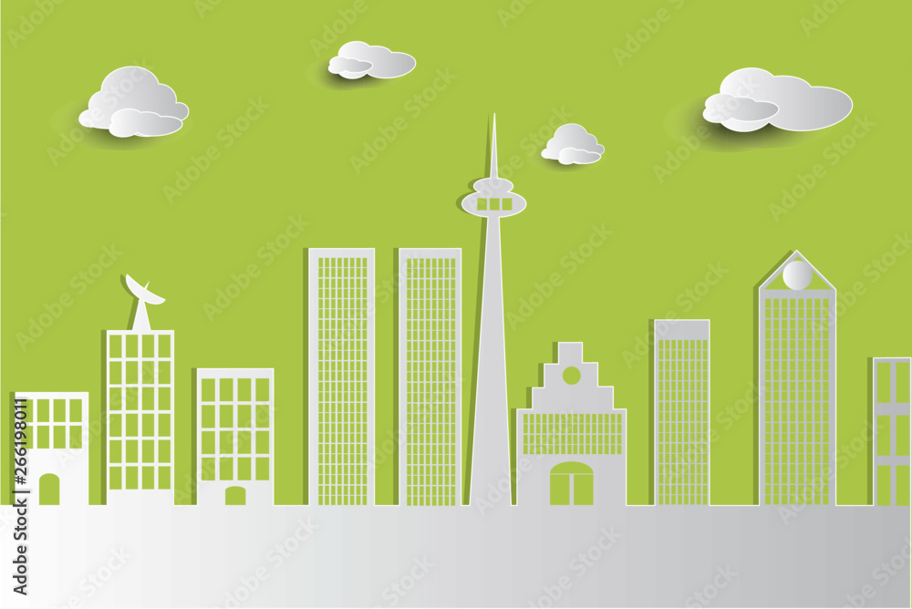 Skyscrapers in the big city style icons Paper Cut On Vector illustration On green background