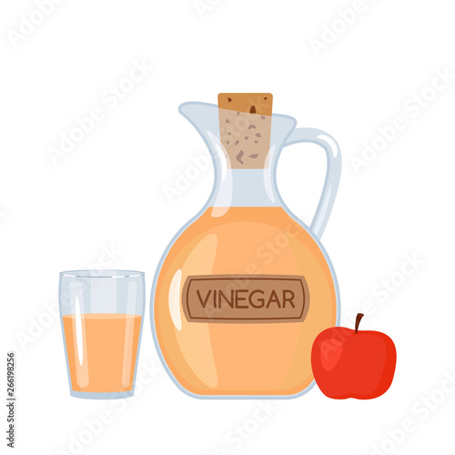 Apple vinegar in a bottle and a glass with an apple. A flat vector illustration isolated