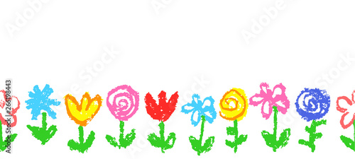 Floral simple seamless pattern, border, header or frame. Like kid`s hand drawn crayon multicolor cute flowers. Pastel chalk or pencil artistic doodle stroke vector summer banner background.