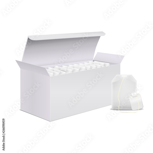 Realistic Detailed 3d White Blank Tea Box and Teabag Template Mockup Set. Vector