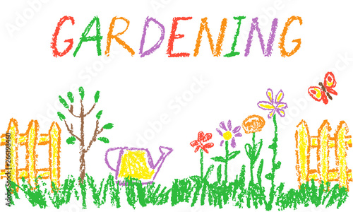 Seamless header border background gardening tools in garden or farm set. Like child hand drawing outdoor copy space. Crayon pencil vector flower, tree transplant, watering can, fence, cart, plant