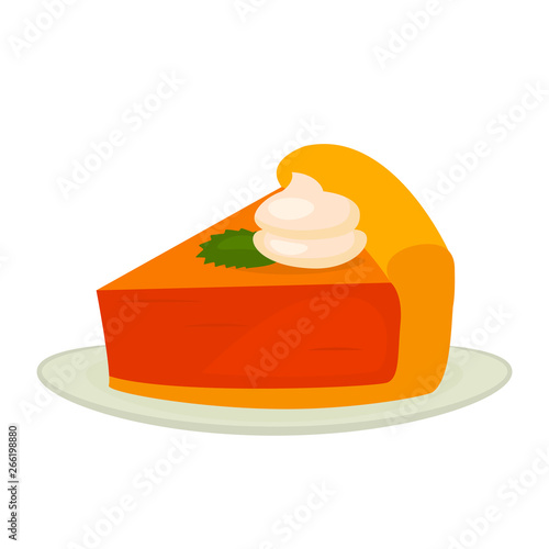 a piece of pumpkin traditional pie with a creamy cream for Thanksgiving. flat vector illustration isolated