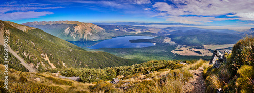 On the way up to the most beautiful view of Nelson lakes national park in New Zealand photo