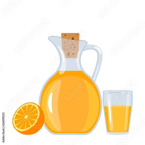 Fresh orange juice in a jug and a glass with orange. flat vectorial illusion isolated