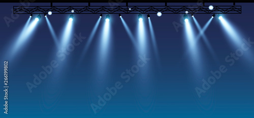 Vector stage with set of blue spotlights. Blue stage lights. esp 10