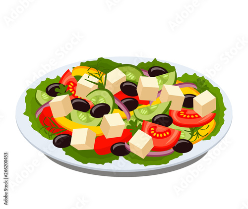 Greek salad on a plate with green lettuce leaves. flat vector illustration isolated