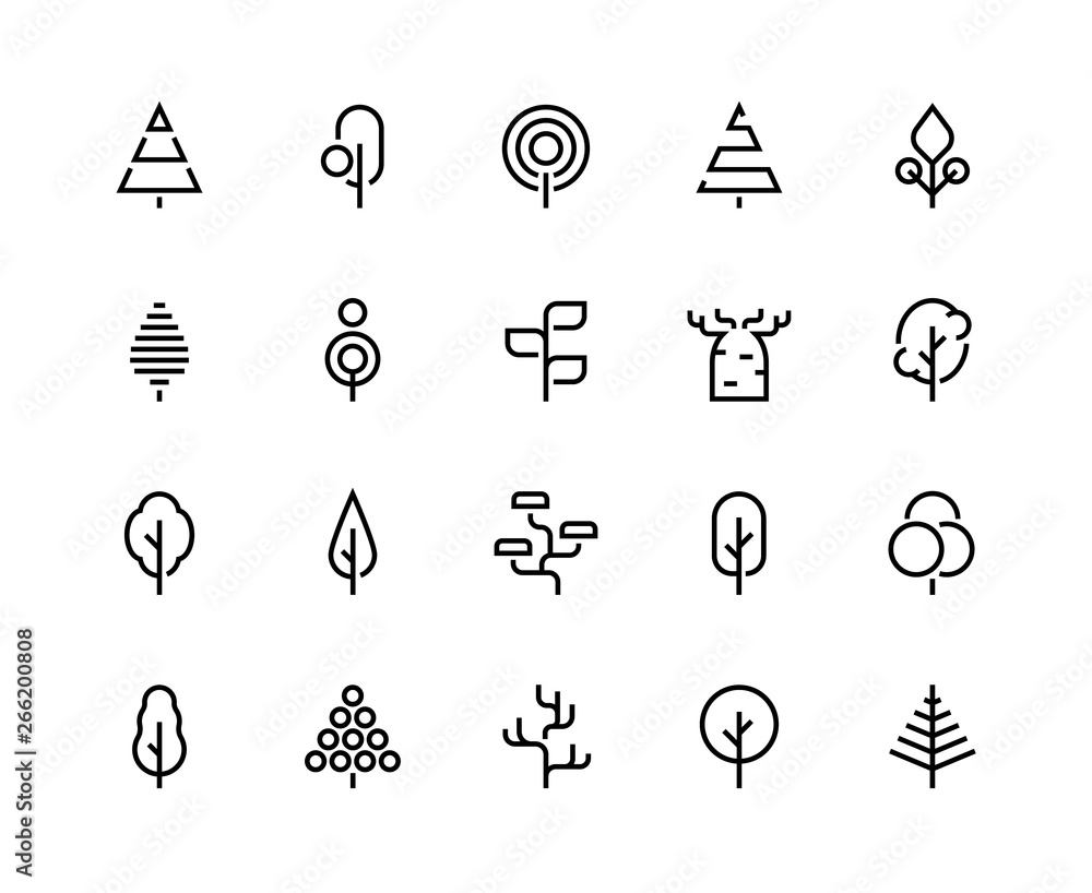 Trees line icons. Simple minimalist plants, organic geometric abstract shapes of leaves and pine forest trees. Vector beauty tree logo set