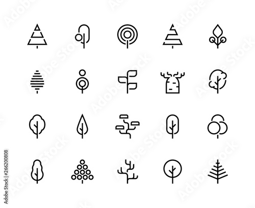 Trees line icons. Simple minimalist plants, organic geometric abstract shapes of leaves and pine forest trees. Vector beauty tree logo set