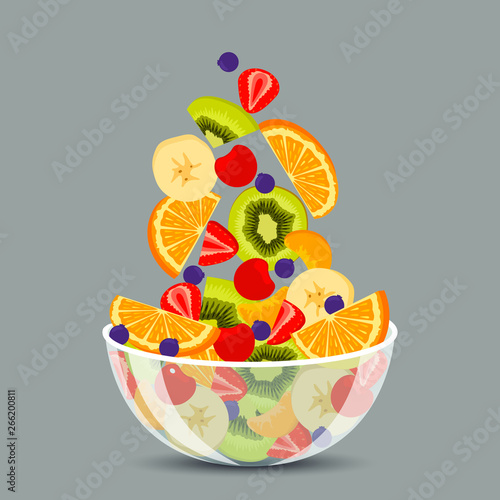 Fresh fruit salad in a transparent bowl isolated on background. The concept of healthy and sports nutrition. Vector illustration