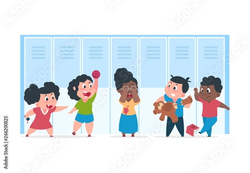 Kid bullying. Scared child suffer from bad angry kids, concept of bullying mocking at school. Vector teenager cartoon characters confrontation