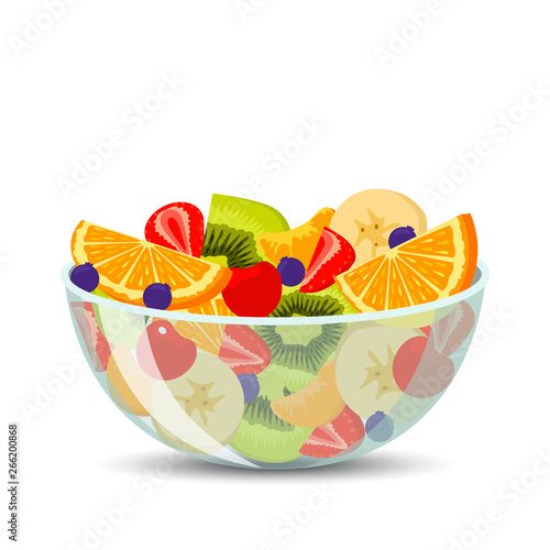 Fresh fruit salad in a transparent bowl isolated on background. The concept of healthy and sports nutrition. Vector illustration