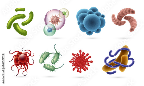 Realistic viruses. Germs and infection bacteria cells, microbiology objects visible in microscope isolated on white. Vector bacillus illustration set