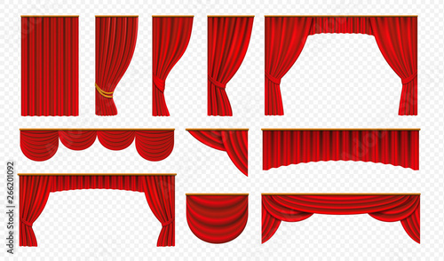Realistic red curtains. Theater stage drapery, luxury wedding cover decoration, theatrical borders. Vector opera silk or velvet isolated on white