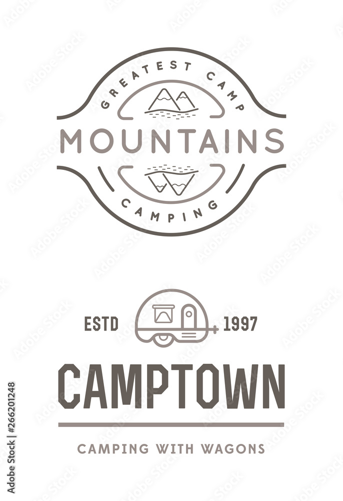 Set of Summer camp badges with design element. Vector. Vintage design with rv trailer and Mountains. Set of Summer camp badges with design element. Vector. Vintage design with rv trailer and Mountains.