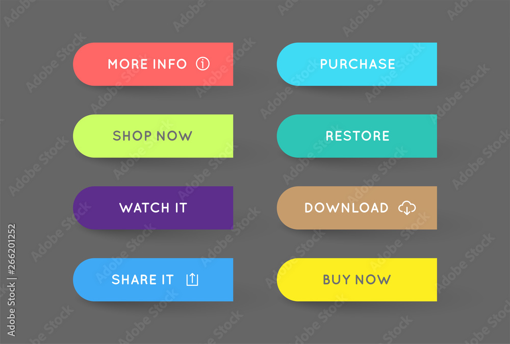Set of Vector Modern Gradient App or Game Buttons. Trendy gradient colors with shadows.