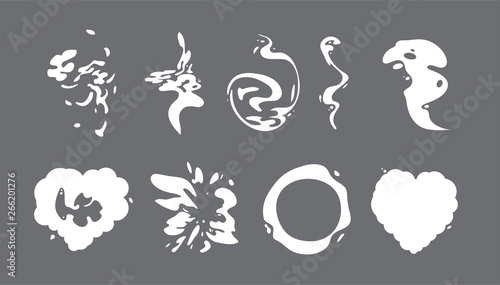 Special Effects Template Vector Smoke Set. Cartoon steam clouds, puff, mist, fog, watery vapour or dust explosion 2D VFX illustration.