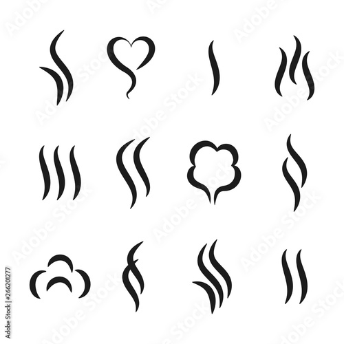 Aroma steam icons. Warm vapour and cooking smell abstract symbols, aroma water and oil odor. Vector tea and coffee smell black logos set photo