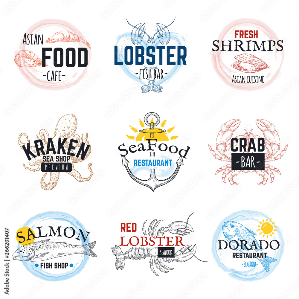 Seafood sketch logos. Vintage hand drawn marine labels, salmon tuna squid and octopus emblem design. Vector herrings ocean food sticker set