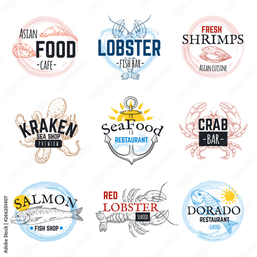 Obraz premium Seafood sketch logos. Vintage hand drawn marine labels, salmon tuna squid and octopus emblem design. Vector herrings ocean food sticker set