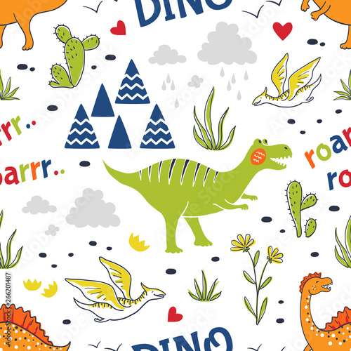 Doodle dinosaur pattern. Seamless fabric print, trendy hand drawn textile design, cute childish dragons. Vector childish decorative background