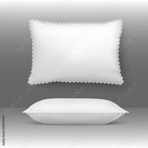 Vector pillows illustration. Squares cushion elegant white comforter bolster with nature feathers. Sleeping soft bedding