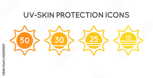 Set of Sun Protection UV Index, SPF 50, SPF 30, 25, 15 Vector Icons Collection. photo