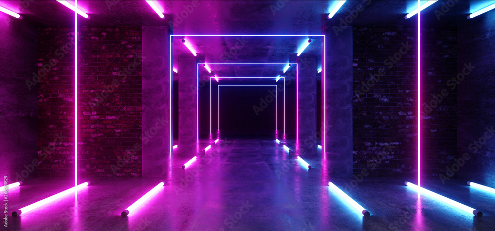 Concrete Grunge Brick Corridor Tunnel Dark Hall Reflective Neon Glowing Sci Fi Futuristic Modern  Path Purple Blue Vibrant Rectangle Shapes Gate Stage Show Laser 3D Rendering